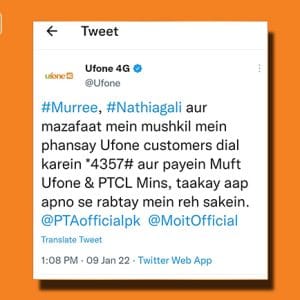 Ufone 4G enables free calls for tourists stranded in Murree