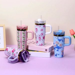 Floral Printed Tumbler with Straw